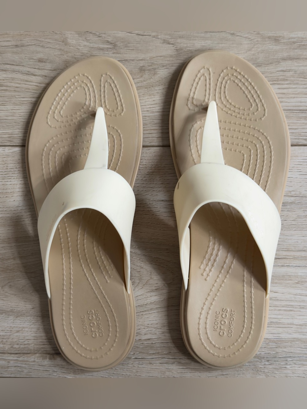 Crocs Women's Tulum Flip Sandals Stucco Vanilla Tan T-Strap Thong Size W 7
